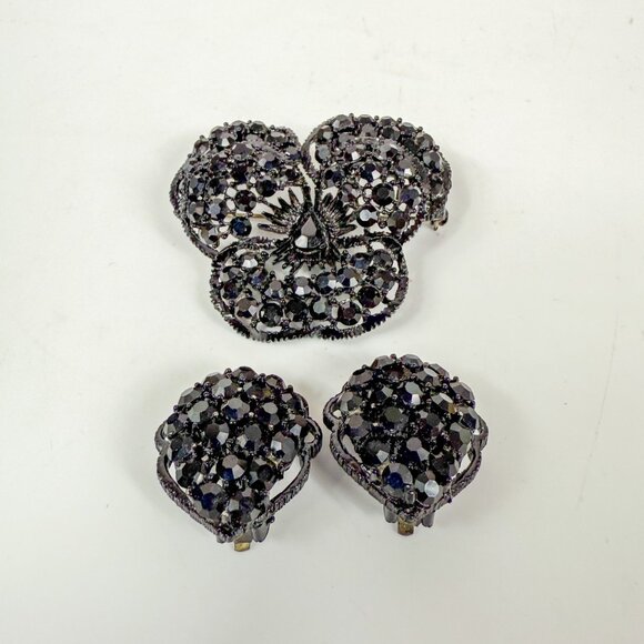 Weiss Black Pansy Rhinestone Brooch Clip-On Earrings Vintage Jewelry Set - Picture 2 of 7